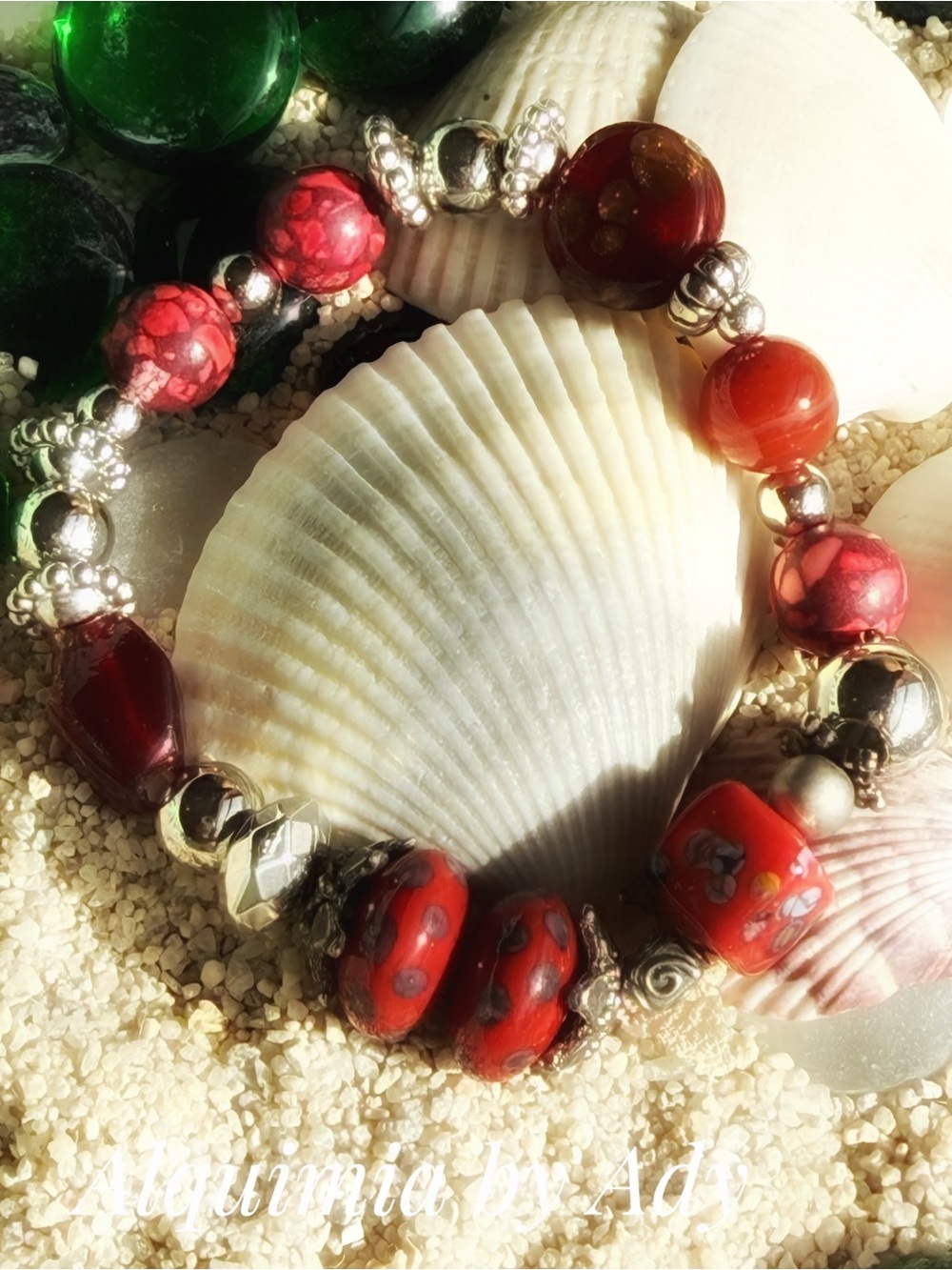Americana Red turquoise and Orange carnelian Beaded Bracelet with Silver Accents